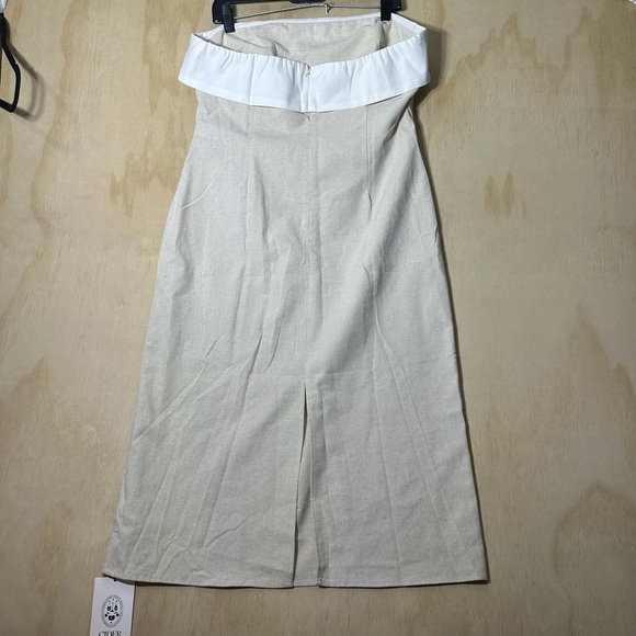 Cider LINEN-BLEND COLLARLESS SOLID SPLIT RUCHED ZIPPER MIDI DRESS - Picture 8 of 12